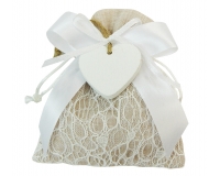 Bomboniere Matrimonio Sacchetto Pizzo Applicazione Cuore Legno